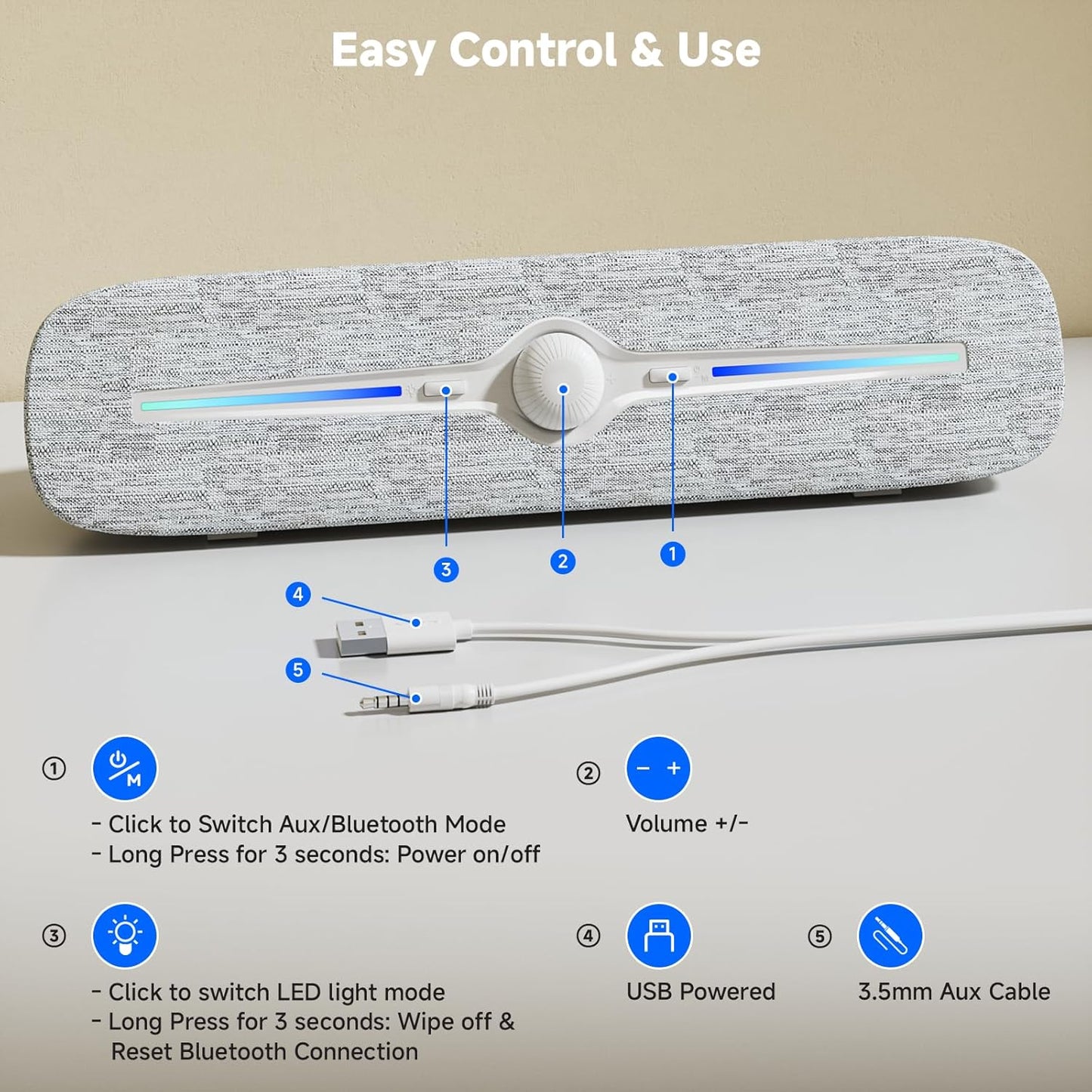 SOULION R90 Bluetooth Computer Speakers for Desktop, USB Powered 3.5mm AUX PC Speakers with LED Dynamic Light, Portable Soundbar Speaker with Rotary Volume Control for Laptop Monitor, White
