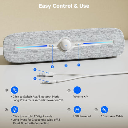 SOULION R90 Bluetooth Computer Speakers for Desktop, USB Powered 3.5mm AUX PC Speakers with LED Dynamic Light, Portable Soundbar Speaker with Rotary Volume Control for Laptop Monitor, White