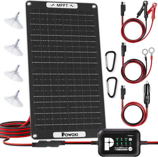 POWOXI 15W Solar Battery Charger: 12V Solar Car Battery Trickle Maintainer - with MPPT Controller Parameter Adjustable - for RV Boat Marine Motorcycle Trailer Truck Tractor - Solar Panel Kit