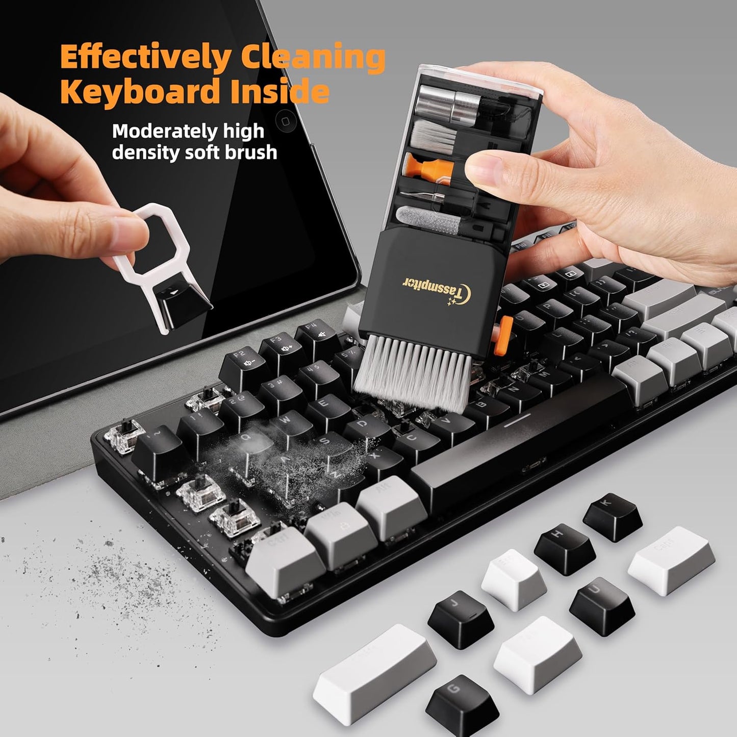 Keyboard Cleaning Kit Keyboard Cleaner, All in One Computer Screen and Laptop Cleaner, Compact Portable Electronic Laptop Cleaning Kit with Soft Brush and Spray for MacBook iPad iPhone Earbud, Black