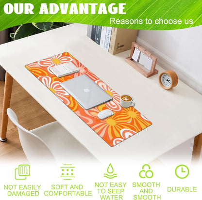 Desk Pad - Hippie Vintage Orange Flowers Desk Mat, Retro Floral Large Gaming Mouse Pad with Non-Slip Base and Stitched Edge, 31.5"x11.8"