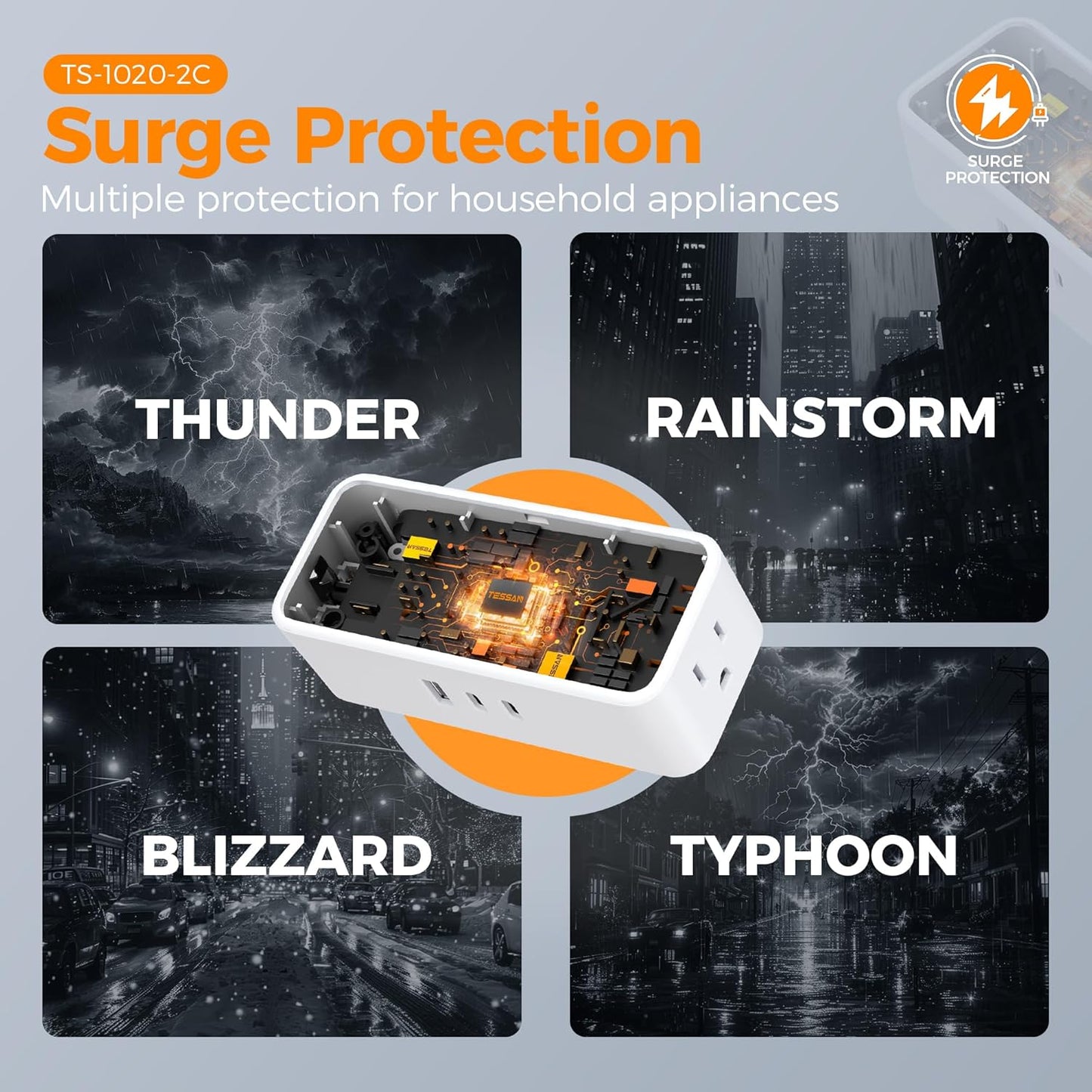 Flat Plug Extension Cord 5 FT, TESSAN Surge Protector Power Strip with 4 AC Outlets 3 USB Ports(2 USB C), 900 Joules Protection, Suitable for Home Office Dorm, Desk Organizers and Accessories