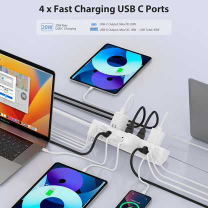 40W Fast Charging Station,Desk Clamp Power Strip 20W USB C,8 Outlets,8 USB Ports,4 USB C 4 USB A,Nightstand Edge Mount Surge Protector, 14AWG Cord, Fits 1.9" Tabletop Edge for Office,Home Furniture