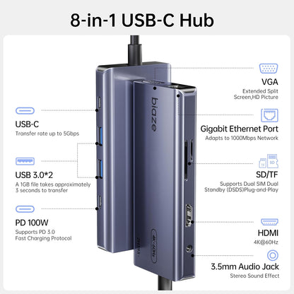10-in-1 USB C Hub Multiport Adapter, 4K60Hz HDMI & VGA, 100W PD Charging, Gigabit Ethernet, USB 3.0, SD/TF Card Reader, 3.5mm Audio, for MacBook, iPad, Dell, HP and More Type C Laptops