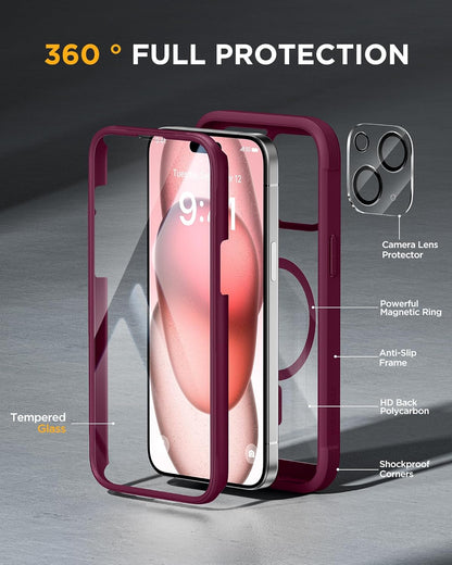 Miracase Glass Series for iPhone 15 Case [Compatible with MagSafe] Full-Body Magnetic Case with Built-in 9H Tempered Glass Anti-Fingerprint Screen Protector + Camera Lens Protector, Wine Red