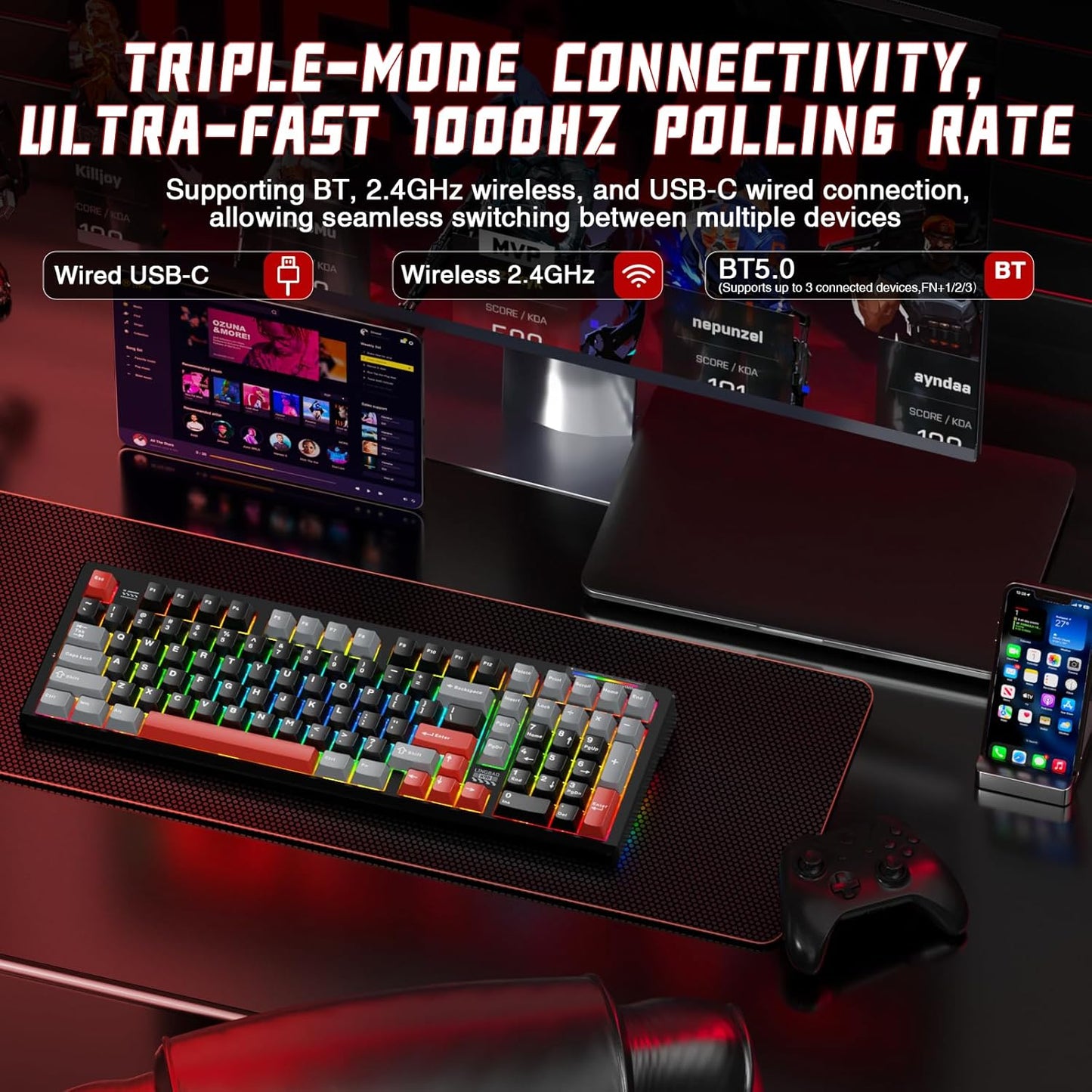 LINGBAO K98 Wireless Mechanical Gaming Keyboard, Tri-Mode BT5.0/2.4GHz/USB-C, Gasket Custom Hot-Swappable Linear Switches Mechanical Keyboards, RGB Backlit Gaming Keyboard for PC Laptop