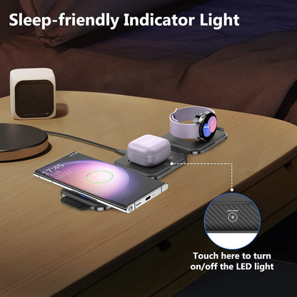 Travel Charger for Samsung Multi Devices, Foldable 3 in 1 Wireless Charging Station Fast Charging Stand/Pad Compatible for Samsung Galaxy S25/S24/S23/Note20 GalaxyWatch8/7/6 Galaxy Buds4