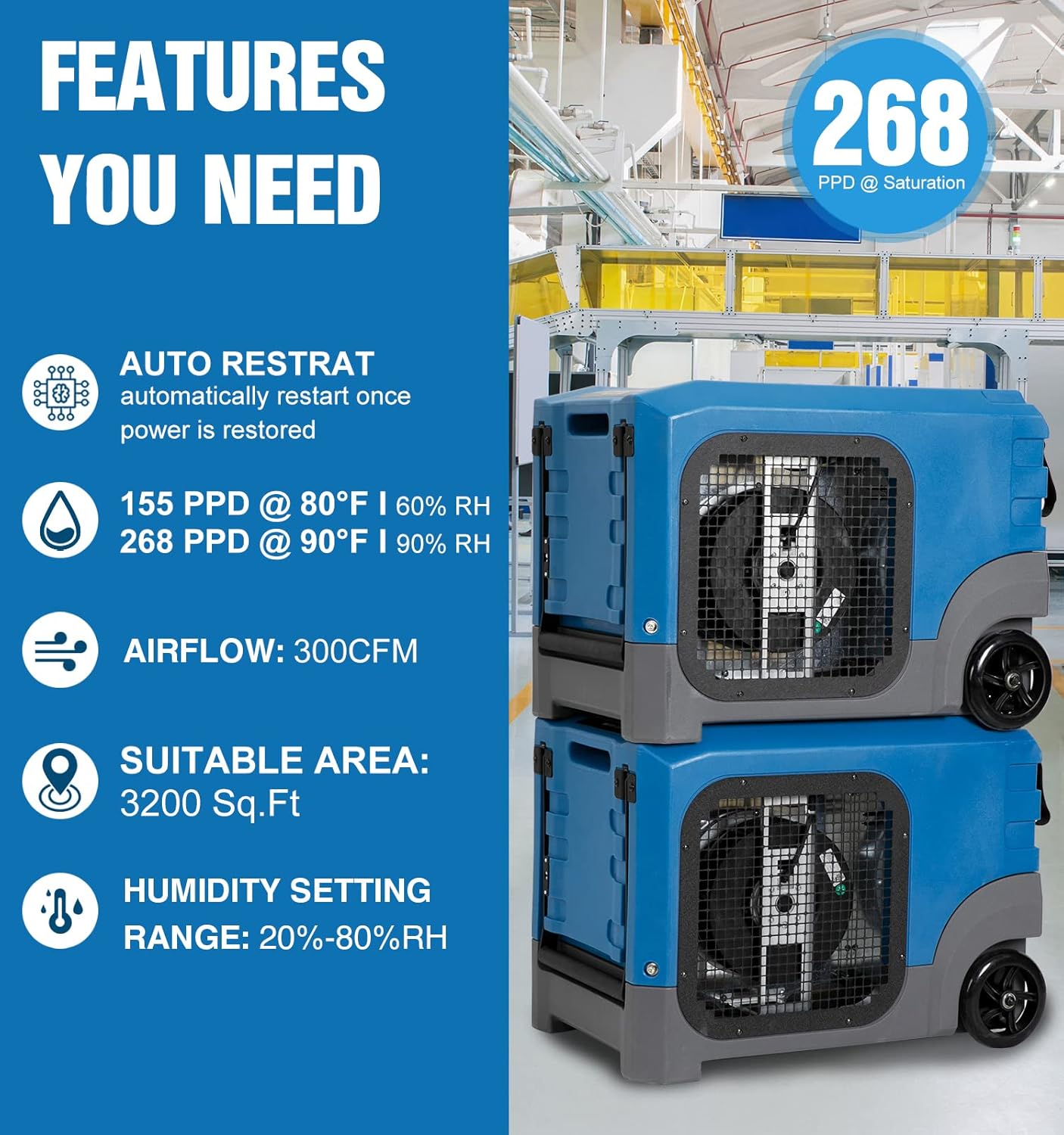 Mounto MOUNTO 268Pints LGR Commercial Compact Dehumidifier with Pump and Drain Hose, LGR Portable Dehumidifier with wheels for Home, Basements, Garages, and Job Sites (Blue)