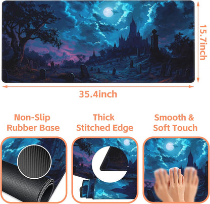 Mouse Pad Large Gothic Graveyard Non-Slip Game Desk Mat with Stitched Edge Laptop Keyboard Desk Pad for Work Home Gaming (35.4 x 15.7 Inches)