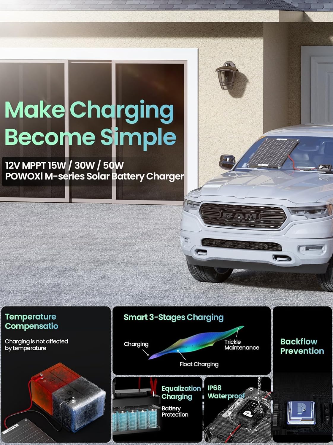 POWOXI 30W Solar Battery Charger: 12V Solar Car Battery Trickle Maintainer - with MPPT Controller Parameter Adjustable - for RV Boat Marine Motorcycle Trailer Truck Tractor - Solar Panel Kit
