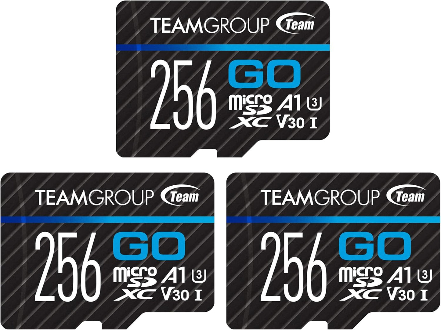 TEAMGROUP GO Card 256GB x 3 PACK Micro SDXC UHS-I U3 V30 4K for GoPro & Drone & Action Cameras High Speed Flash Memory Card with Adapter for Outdoor Sports, 4K Shooting, Nintendo-Switch TGUSDX256GU362