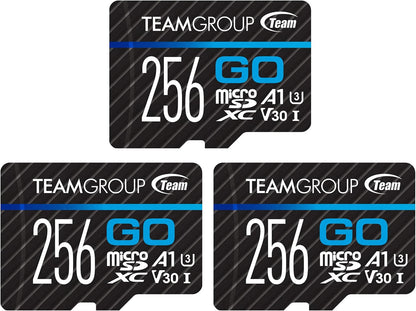 TEAMGROUP GO Card 256GB x 3 PACK Micro SDXC UHS-I U3 V30 4K for GoPro & Drone & Action Cameras High Speed Flash Memory Card with Adapter for Outdoor Sports, 4K Shooting, Nintendo-Switch TGUSDX256GU362
