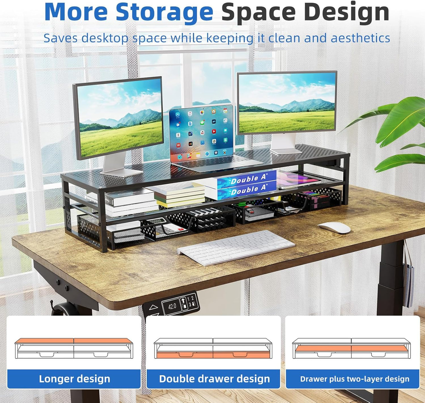 Simple Trending 2 Tier Metal Monitor Stand Riser with USB 2.0 and Charging Prot , Computer Office Desktop Organizer for 2 Monitors With Two Drawer Storage and Reusable Cable Ties,for Printer, TV, Black