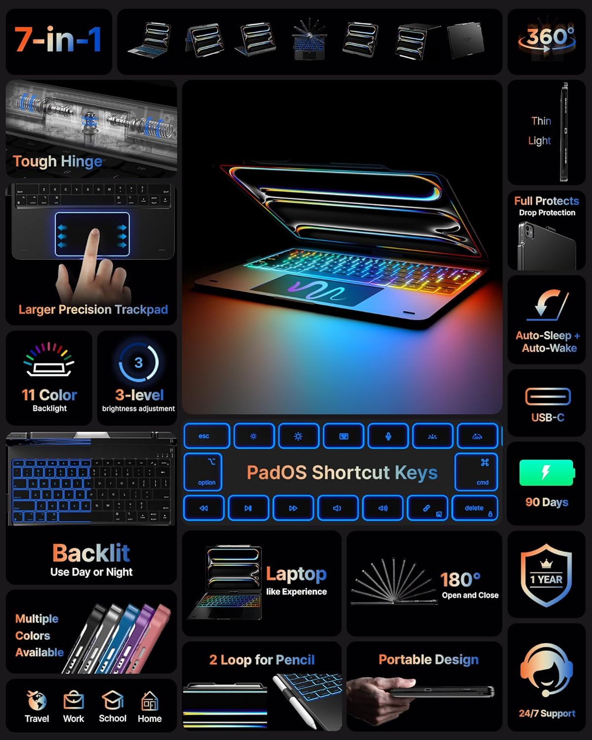 typecase Touch Case with Keyboard for iPad Pro 13-inch(M4, 2024), iPad Air 13-inch(M3, 2025/M2, 2024) & iPad Pro 12.9(6th/5th/4th/3rd Gen), Trackpad, 360° Rotatable, 11-Colors Backlit, Space Black