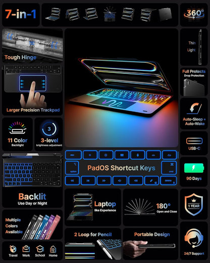 typecase Touch Case with Keyboard for iPad Pro 13-inch(M4, 2024), iPad Air 13-inch(M3, 2025/M2, 2024) & iPad Pro 12.9(6th/5th/4th/3rd Gen), Trackpad, 360° Rotatable, 11-Colors Backlit, Space Black