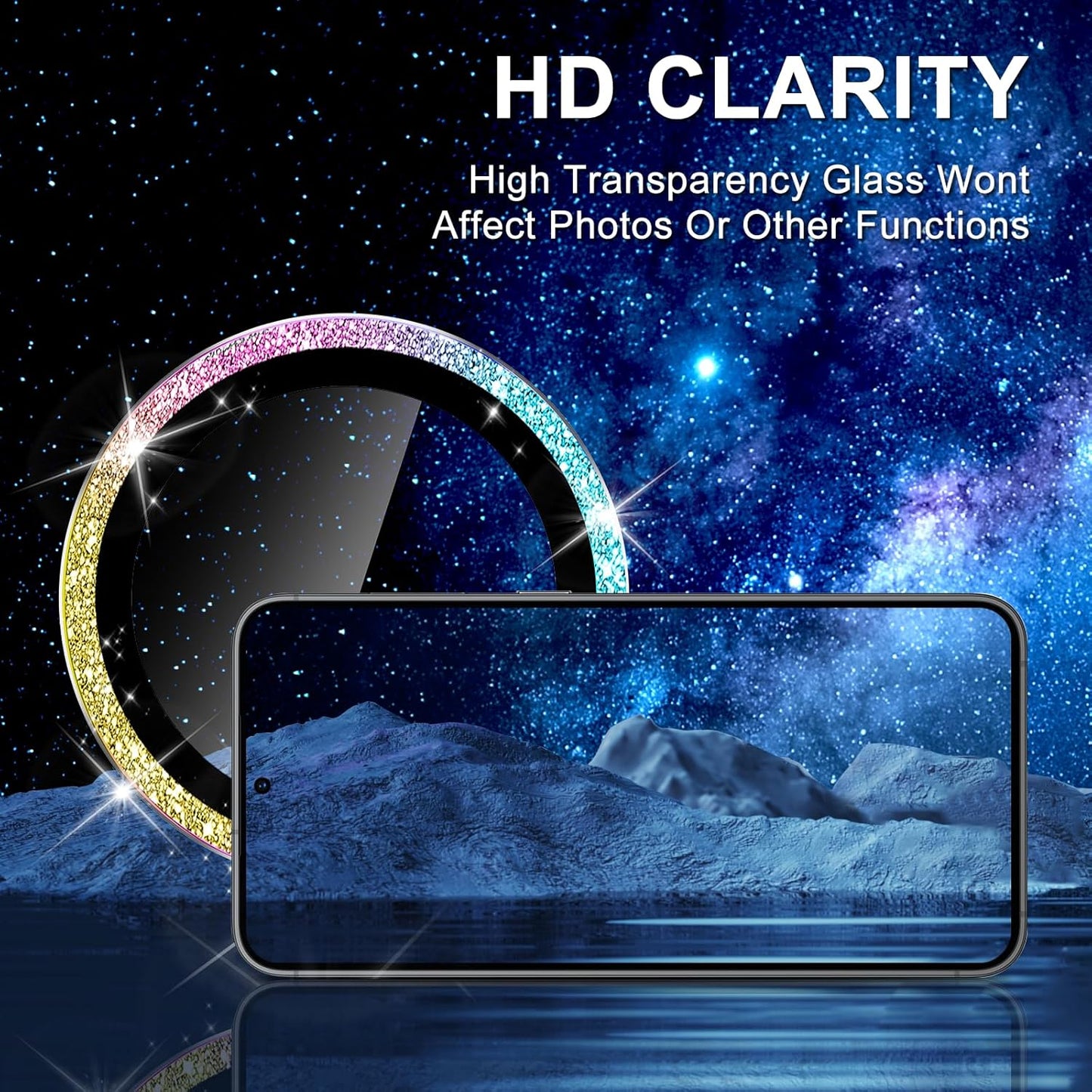 for Samsung Galaxy S24 Camera Lens Protector, Individual Metal Ring Tempered Glass Lens Cover, [Strong Adsorption] Scratch Resistant Ultra-Thin HD Clear Lens Cover, 1 Set-Colorful Sparkly