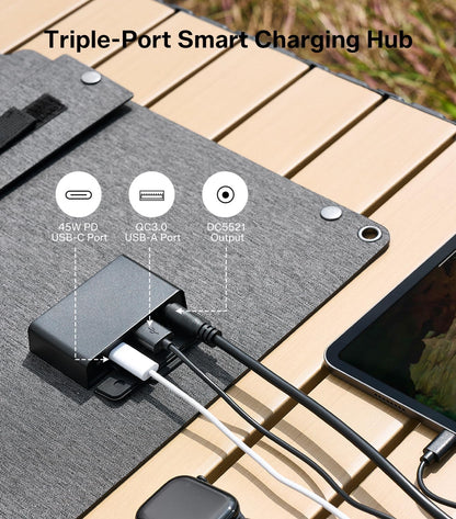 PEAKFLOW 65W Solar Panel,Foldable Portable Solar Panel,25.4% High-Efficiency, 45W PD USB-C Port,QC3.0 USB-A Port,DC5521 Output, Folding IP 68 Waterproof Solar Panels with Carabiners for Camping