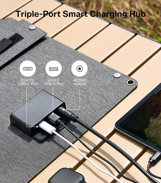 PEAKFLOW 65W Solar Panel,Foldable Portable Solar Panel,25.4% High-Efficiency, 45W PD USB-C Port,QC3.0 USB-A Port,DC5521 Output, Folding IP 68 Waterproof Solar Panels with Carabiners for Camping