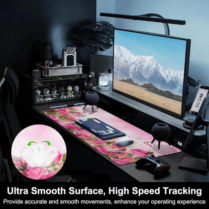 Mouse Pad, Large Pink Roses with Butterflies Desk Mat, Extended Non-Slip Gaming Keyboard Mousepad Desk Pad, Thick Stitched Edges Waterproof Mouse Mat 31.5"x15.7" (Beautiful Spring Floral)
