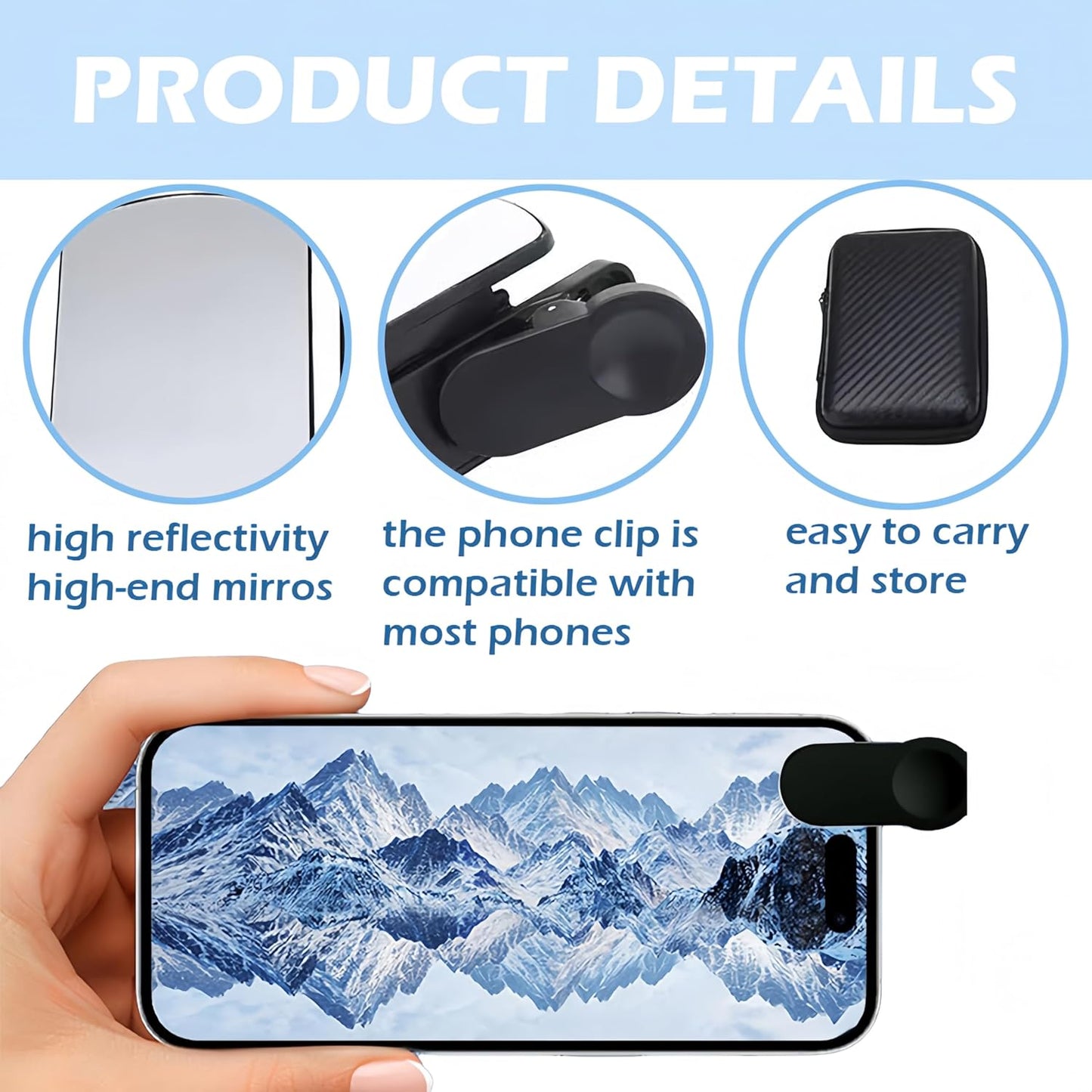 Mirror Effect Lens, Smartphone Camera Mirror Reflection Clip Kit Phone Camera Shooting Reflection Mirror Adjustable HD Glass Smartphone Photography Flip Mirror for All Phones (White+Black)
