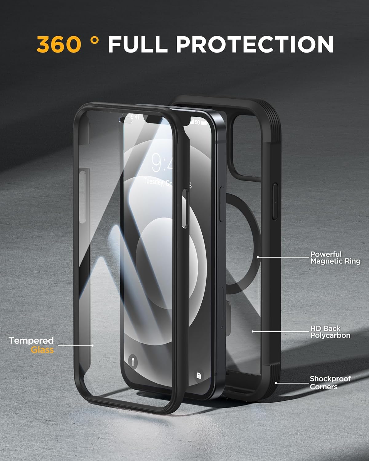 Miracase Magnetic for iPhone 12 mini Case, [360 Full-Body Protection & Complete Camera Guard], Drop & Scratch-Resistant, Shockproof, Stylish Clear iPhone Case, iPhone 12 mini Cover, Black