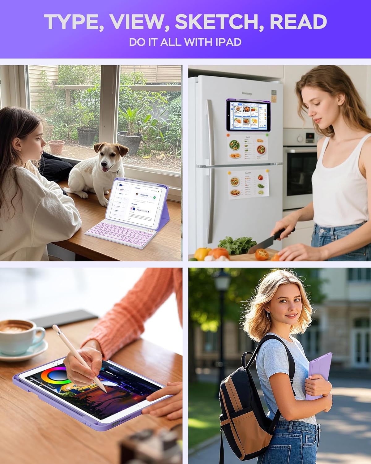 Case for iPad 9th/8th/7th Generation with Keyboard 10.2 Inch,360° Rotatable Magnetic Keyboard Case,Pencil Holder&Grooves Design,7 Color Backlit Detachable Wireless Keyboard(Purple)