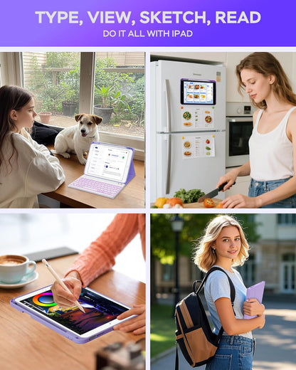 Case for iPad 9th/8th/7th Generation with Keyboard 10.2 Inch,360° Rotatable Magnetic Keyboard Case,Pencil Holder&Grooves Design,7 Color Backlit Detachable Wireless Keyboard(Purple)