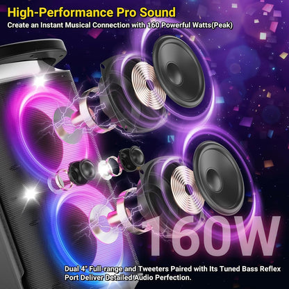 Portable Bluetooth Speaker: 160W Peak Powerful Loud Sound Deep Bass Wireless Boombox Large Subwoofer 15 Hours Battery Life Fast Charging