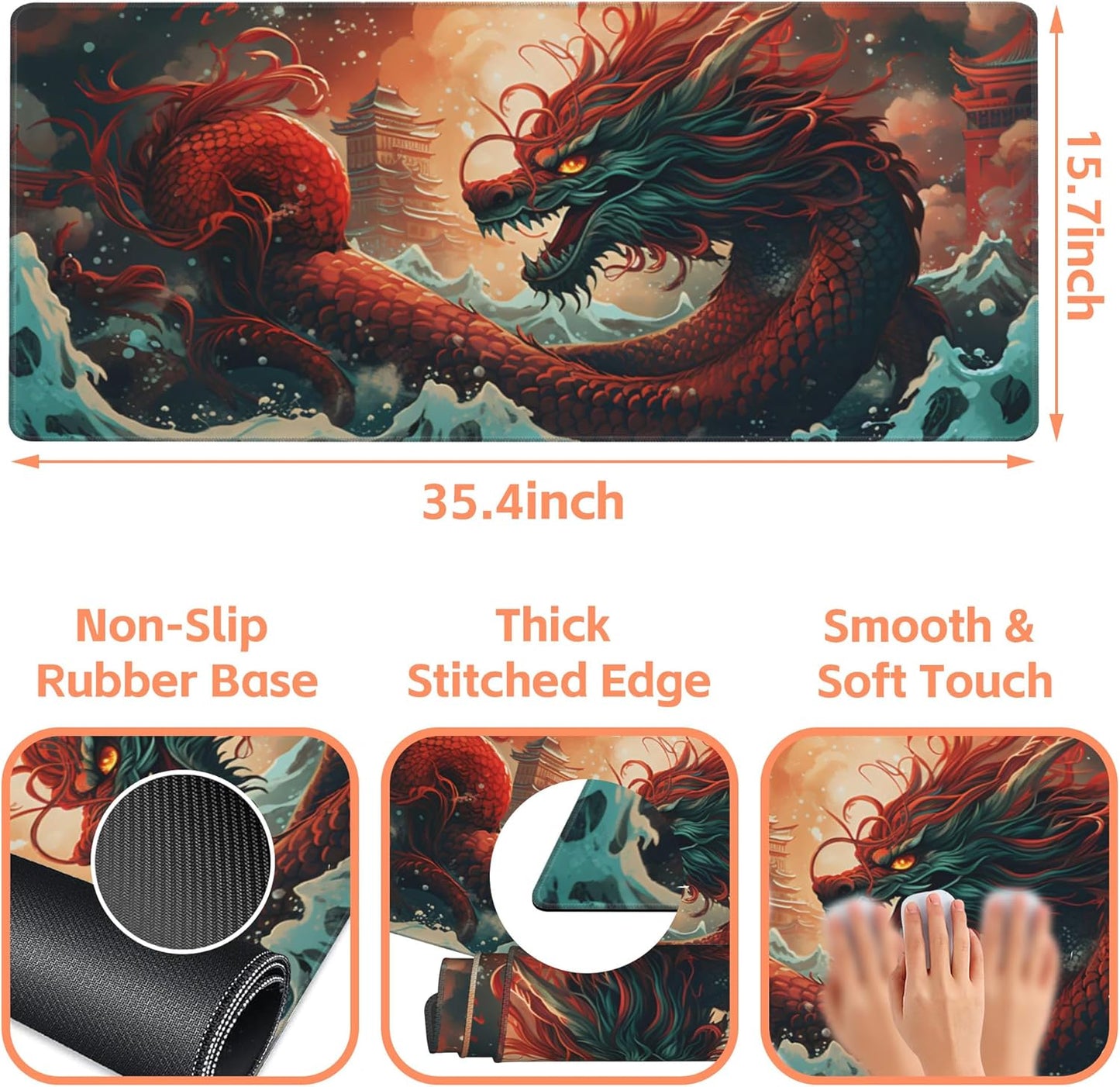 Mouse Pad Large Chinese Traditional Dragon Non-Slip Gaming Desk Mat with Stitched Edge Laptop Keyboard Desk Pad for Work Home Gaming (35.4 x 15.7 Inches)