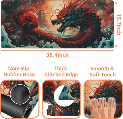 Mouse Pad Large Chinese Traditional Dragon Non-Slip Gaming Desk Mat with Stitched Edge Laptop Keyboard Desk Pad for Work Home Gaming (35.4 x 15.7 Inches)