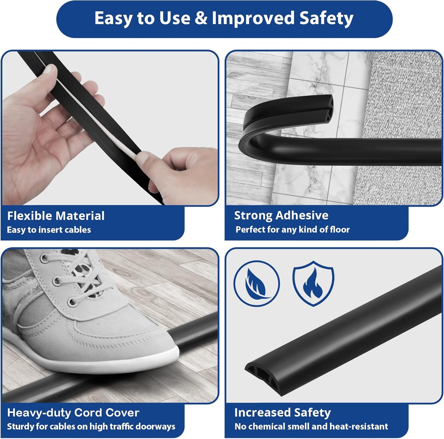 ZhiYo Floor Cord Cover 4ft, Cord Hider Floor Black, Cable Management Cover Prevent Cable Trips, Wire Covers for Electric Power Cords, Wire Protector Cavity W0.47 x H0.28