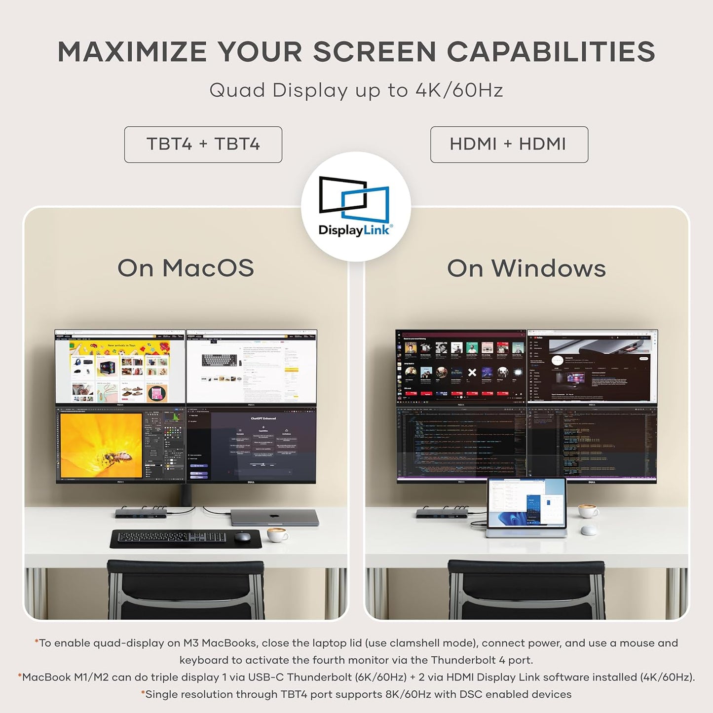 Satechi Thunderbolt 4 Dock 100W Charging, Dual Monitor HDMI 4K/60Hz, 40Gbps Data Transfer, 2 USB-A 3.2, Ethernet, Thunderbolt 4 Dock for MacBook Air/Pro M4, Mac/Windows, DisplayLink Software Required