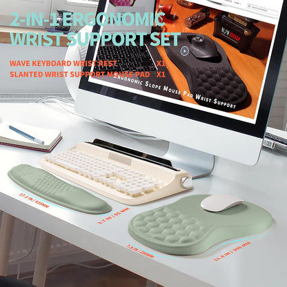 2-in-1 Ergonomic Set, Wave Rise Keyboard Wrist Rest and Massage Bulge Slope Mouse Pad Wrist Support, Cushion Memory Foam Integrated to Relieve Wrist Pain, Light Green