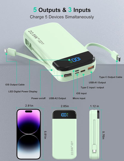 Portable Charger Power Bank 32000mAh with Built in Cables, PD3.0 USB C Fast Phone Charger, 5 Outputs LCD Display Travel Battery Pack Compatible with iPhone, Samsung All Cell Phones (Green)