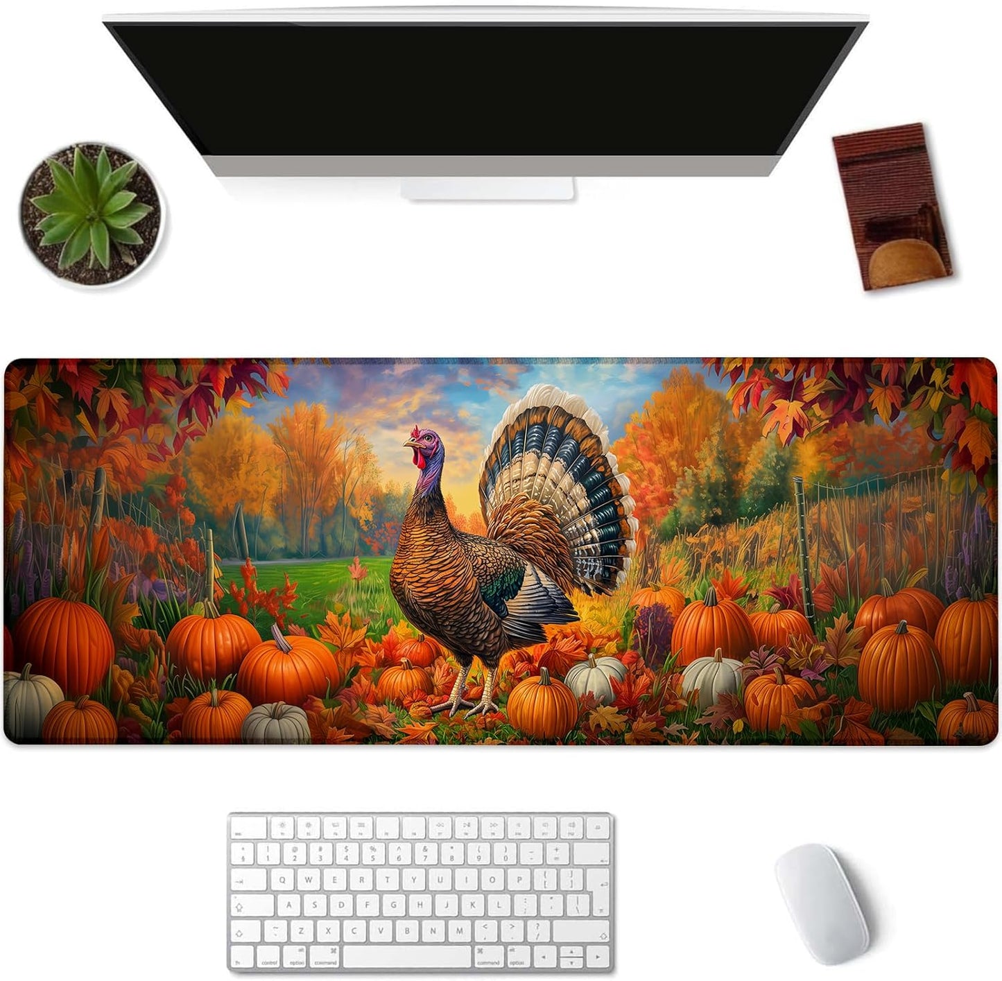 Autumn Turkey Gaming Mouse Pad, Pumpkin and Fall Leaf Mousepads for Gaming Home Office Work, Extended Mats Computer Keyboard Laptop, 31.5×11.8 Inch Large Desk Mat with Non-Slip Rubber Base