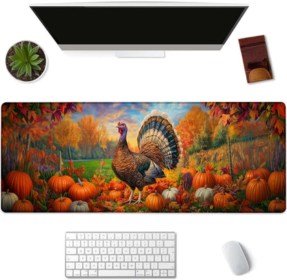 Autumn Turkey Gaming Mouse Pad, Pumpkin and Fall Leaf Mousepads for Gaming Home Office Work, Extended Mats Computer Keyboard Laptop, 31.5×11.8 Inch Large Desk Mat with Non-Slip Rubber Base