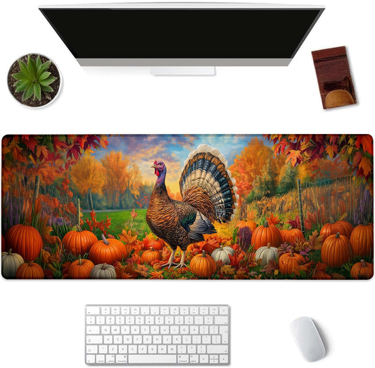 Autumn Turkey Gaming Mouse Pad, Pumpkin and Fall Leaf Mousepads for Gaming Home Office Work, Extended Mats Computer Keyboard Laptop, 31.5×11.8 Inch Large Desk Mat with Non-Slip Rubber Base