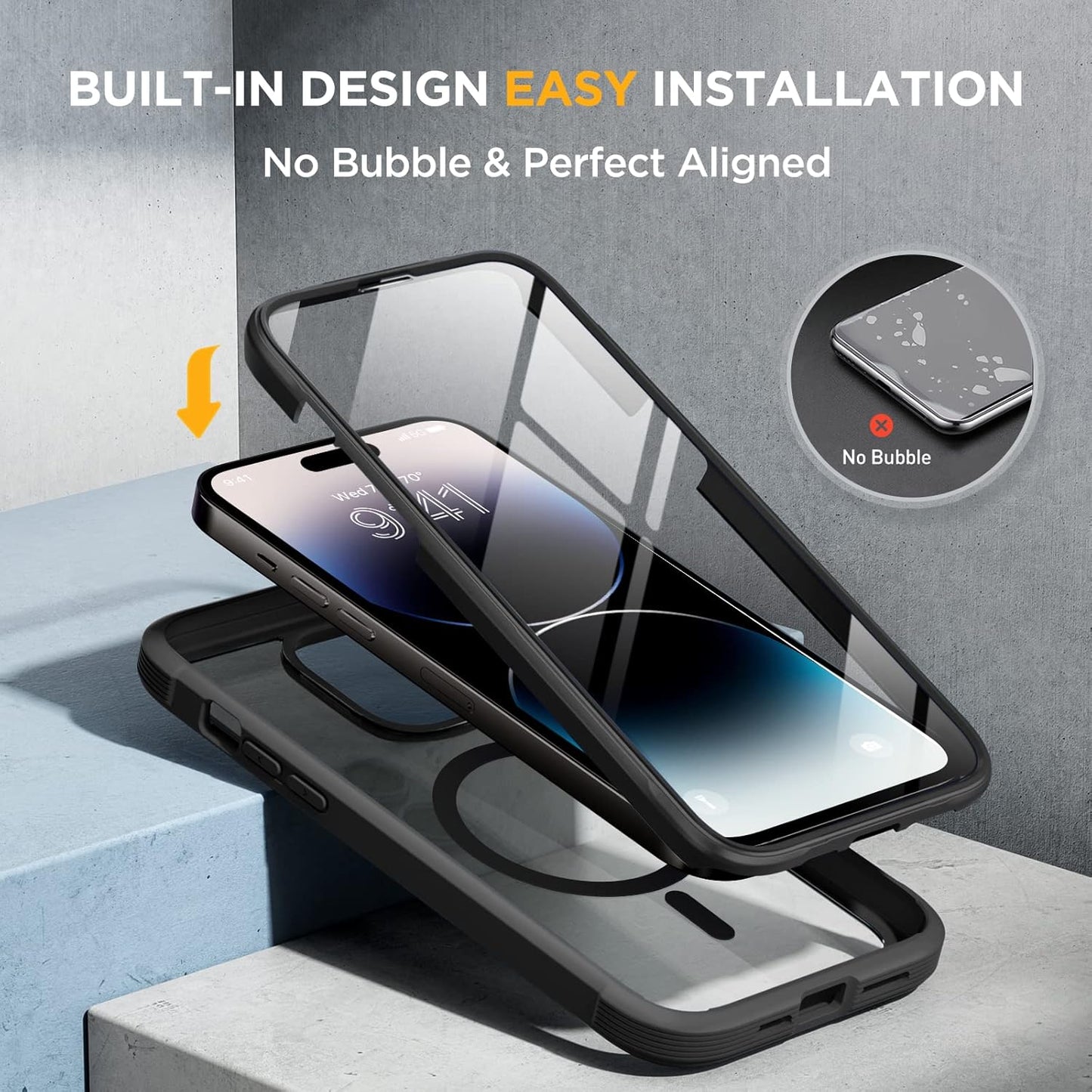 Miracase Glass Series Designed for iPhone 14 Pro Max Case 6.7 Inch, Upgrade Full-Body Magnetic Case with Built-in 9H Tempered Glass Screen Protector, with Camera Lens Protector, Magnetic Black