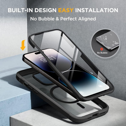 Miracase Magnetic for iPhone 14 Pro Case 6.1 inch, (Compatible with MagSafe) Upgrade Full-Body Clear Phone Bumper Case with Built-in 9H Tempered Glass Screen Protector, Magnetic Classic Black