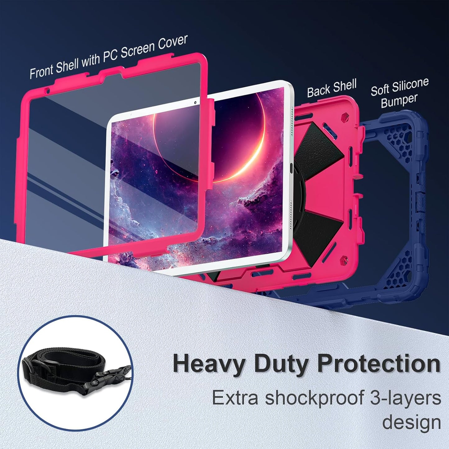 Case for iPad (A16) 11th Generation 11 Inch (2025) / iPad 10th Generation Case 10.9 Inch (2022) with 360° Rotating Stand Screen Protector Pen Holder Shoulder Strap, Navy Pink