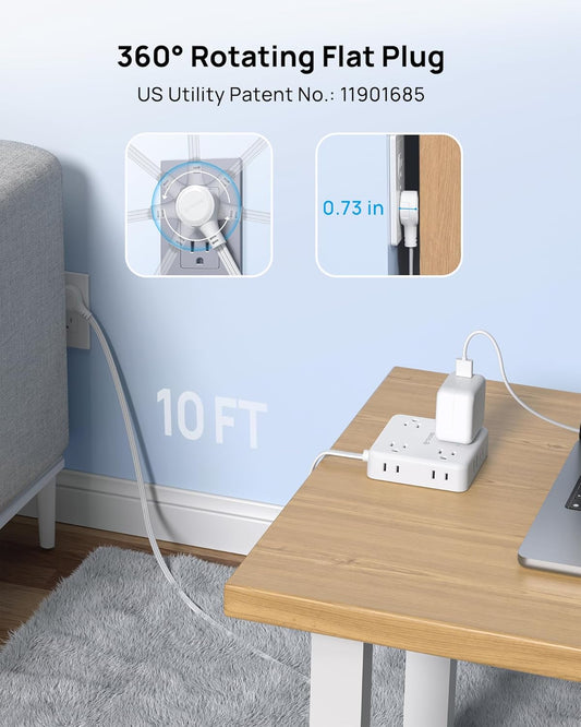 TROND 360° Rotating Flat Plug Power Strip, 10FT Flat Extension Cord with Multiple Outlets 4 USB (2 USB C), Wall Mount Surge Protector 1440 Joules for Home Office Travel Dorm Room Essentials, White