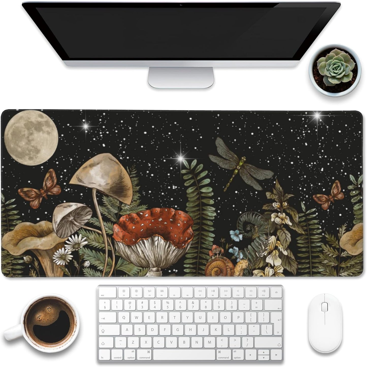 Large Gaming Mouse Pad for Desk,Cute Forest Mushroom Desk Mat,Starry Night Mushroom Desk Pad,Extended Big Computer Keyboard Mouse Pad with Non-Slip Base and Stitched Edge,35.4"x15.7"