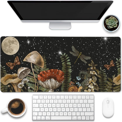 Large Gaming Mouse Pad for Desk,Cute Forest Mushroom Desk Mat,Starry Night Mushroom Desk Pad,Extended Big Computer Keyboard Mouse Pad with Non-Slip Base and Stitched Edge,35.4"x15.7"