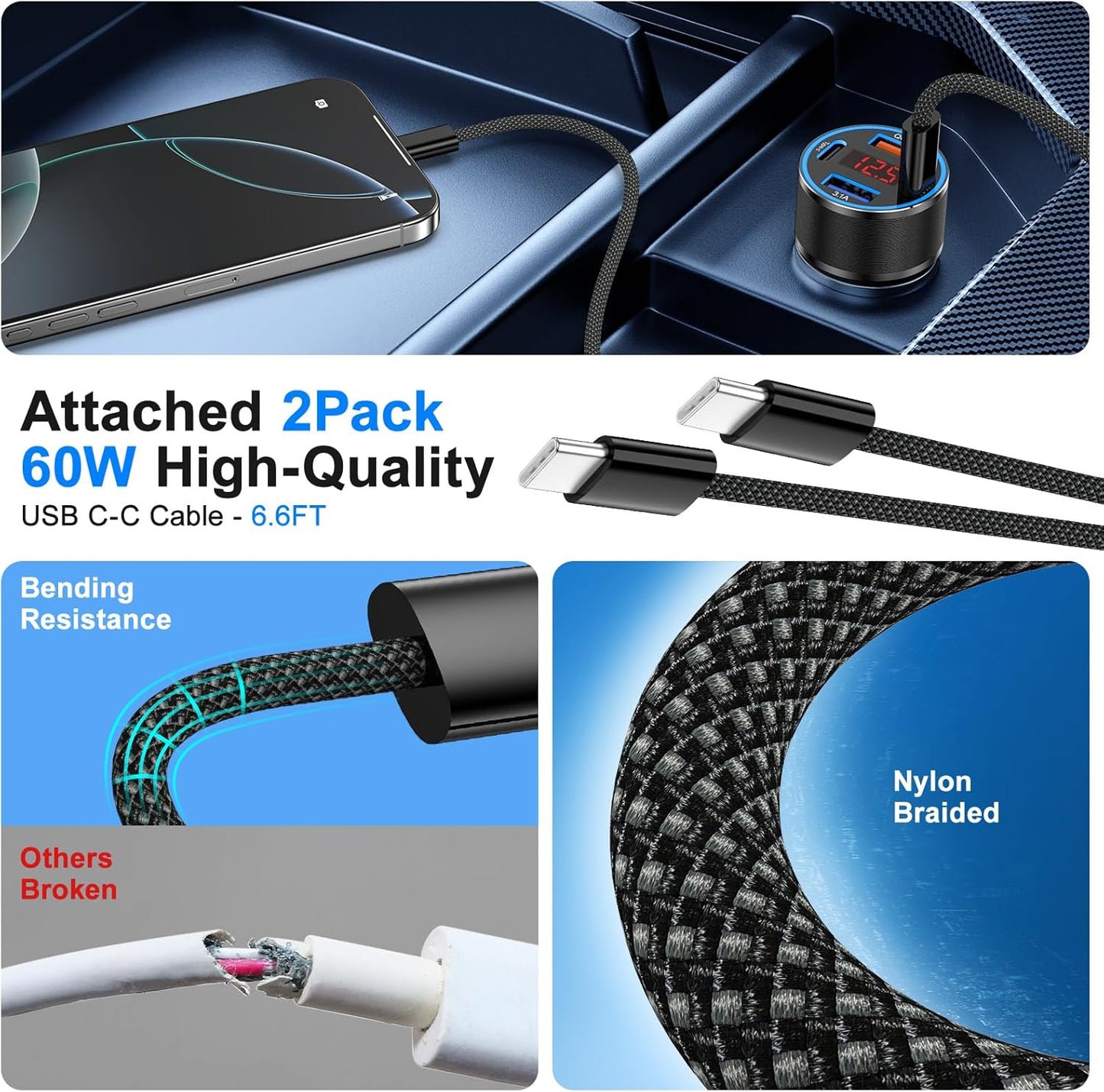 65W iPhone Car Charger Fast Charging, 2Pack 4 Port USB C Fast Car Charger+6ft Type C to C Cable, Dual USB-C & USB-A Cigarette Lighter Adapter with Voltmeter for iPhone 16 15 Pro Max,iPad,Samsung,Pixel