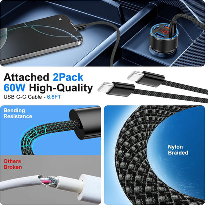 65W iPhone Car Charger Fast Charging, 2Pack 4 Port USB C Fast Car Charger+6ft Type C to C Cable, Dual USB-C & USB-A Cigarette Lighter Adapter with Voltmeter for iPhone 16 15 Pro Max,iPad,Samsung,Pixel