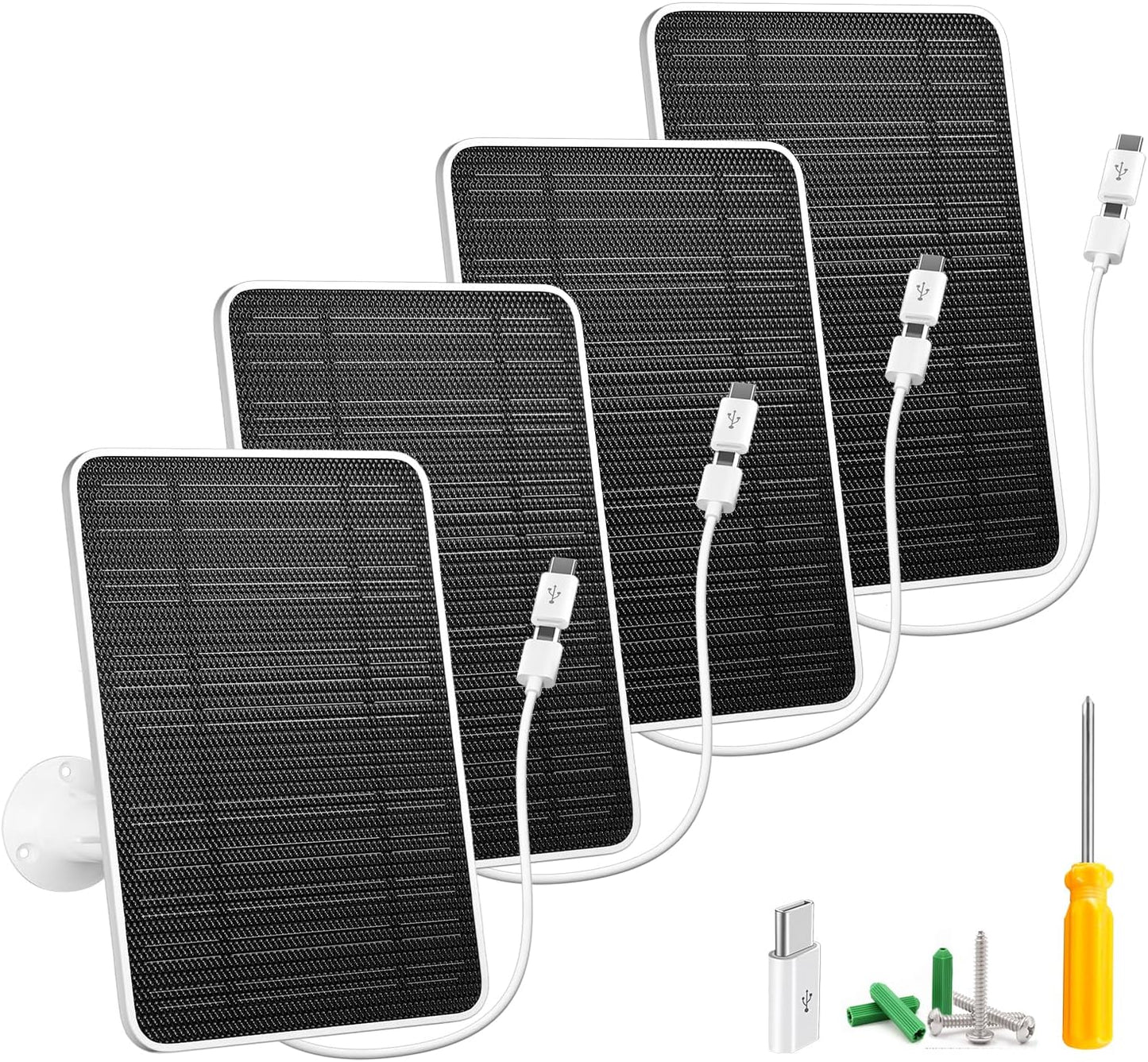 Solar Panel for Security Camera, 5W USB Solar Panel for DC 5V Security Camera, Micro USB & USB-C Port Solar Panel, IP65 Waterproof Solar Charger for Camera,360° Adjustable Mounting 13ft Cable, 4 Pack