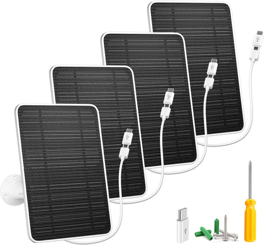 Solar Panel for Security Camera, 5W USB Solar Panel for DC 5V Security Camera, Micro USB & USB-C Port Solar Panel, IP65 Waterproof Solar Charger for Camera,360° Adjustable Mounting 13ft Cable, 4 Pack