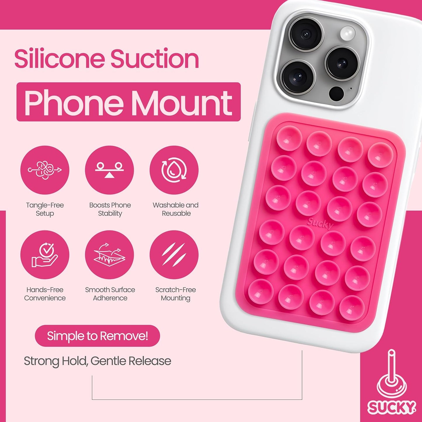 SUCKY Silicone Suction Phone Case Adhesive Octo Cup Buddy Mount - Anti-Slip Holder, Hands-Free Phone Accessory for iPhone & Android - Sticky Grip for Selfies, Videos - Hot Pink