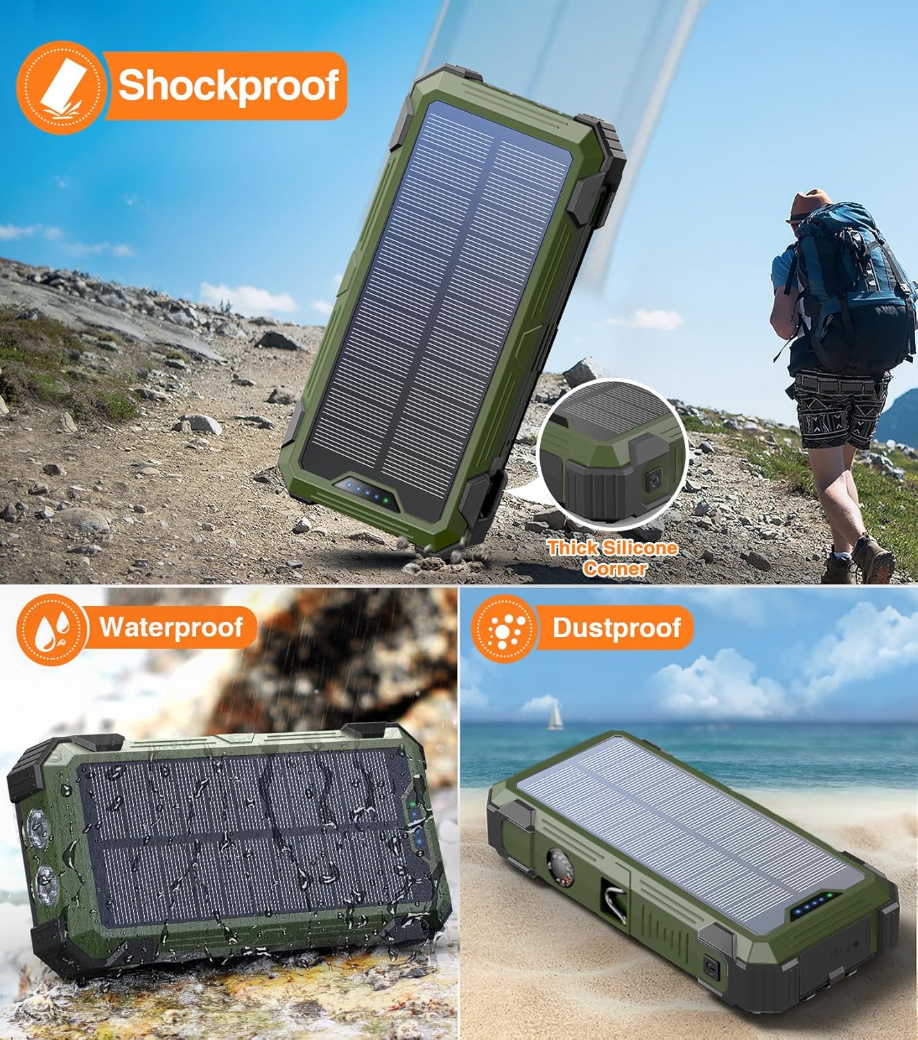 Army Green Solar Power Bank 42800mAh, 15W Wireless Portable Charger with Built-in Cables, 5 Outputs & 3 Inputs, Outdoor Battery Pack with LED Flashlight, Fast Charging for iPhone, Samsung, iPad