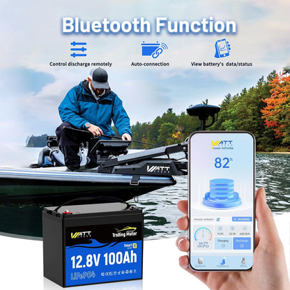 12V 100Ah TMBT LiFePO4 Lithium Battery with Smart Bluetooth, Group 24,Uilt-in 120A BMS, Automatically Cuts and Recovery, IP67, Deep Cycle Perfect for Trolling Motors Marine Boat RVs